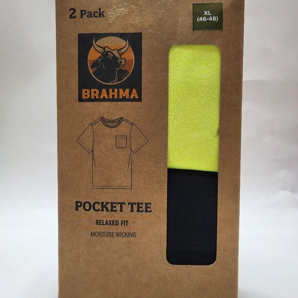 Brahma 2 Mens XL Pocket Shirts Crew Neck Relaxed Fit 1 Black & 1 Neon Yellow - Picture 1 of 3